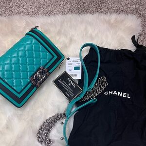 Chanel Small Boy Bag (Green w/Black trim)